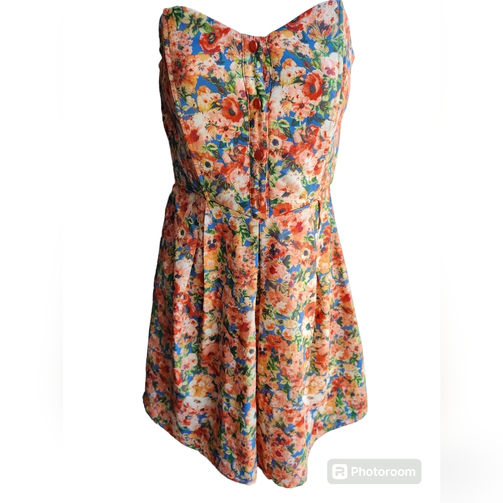 Maude Blue Pink Floral Strapless Dress Size S